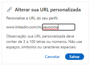Print que demonstra o local para personalizar a URL do perfil no LinkedIn.