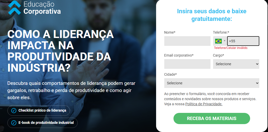 Print da tela da landingpage para baixar o e-book e infográfico de lidarença